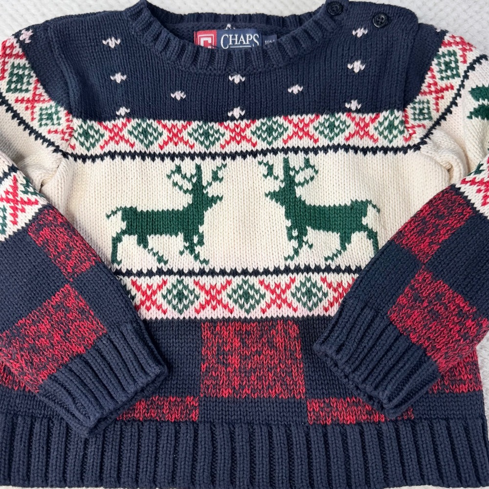 Chaps Baby Boys Navy Blue Reindeer Fair Isle Cotton Knit Sweater 18M 330057816
